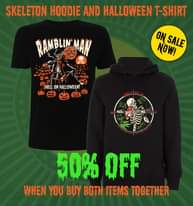 Image may contain: text that says "SKELETON HOODIE AND HALLOWEEN T-SHIRT RAMBLINMAN ON NOW! SALE HELL ON HALLOWEEN! A H 50% OFF WHEN YOU BUY BOTH ITEMS TOGETHER"