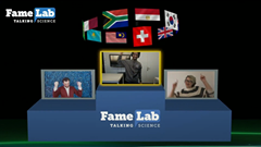Image may contain: 1 person, text that says "Fame Lab TALKING SCIENCE Fame Lab TALKING SCIENCE"
