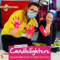 Image may contain: 1 person, text that says "uldren's Proud to Support Candlelighters Supporting the families of children with cancer"