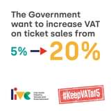 May be an image of text that says "The Government want to increase VAT on ticket sales from 20% 5% Live music Industry Venues and Entertainment #KeepVATat5"
