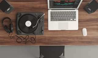 turntable, computer, workspace
