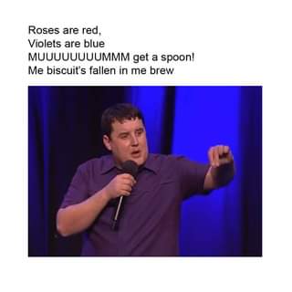 May be an image of 1 person and text that says "Roses are red Violets are blue MUUUUUUUUMMM get a spoon! Me biscuit's fallen in me brew"