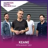 May be an image of 4 people, people playing musical instruments and text that says "HAMPTON COURT PALACE festival KEANE 19TH AUGUST 2021"