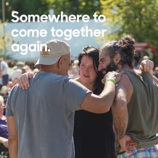 May be an image of 2 people, people standing, outdoors and text that says "Somewhere to come together again."