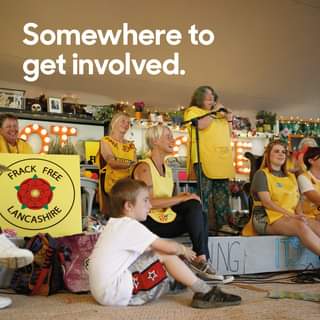 May be an image of 2 people, child and text that says "Somewhere to get involved. RACKEE FRACK FREE LANCASHIRE ING"