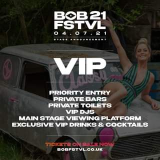 May be an image of 1 person, outdoors and text that says "BOB21 FSTVL 04.07.21 STAGE ANNOUNCEMENT VIP PRIORITY ENTRY PRIVATE BARS PRIVATE TOILETS VIP DJS MAIN STAGE VIEWING PLATFORM EXCLUSIVE VIP DRINKS & COCKTAILS TICKETS ON SALE BOBFSTVL.CO.UK"