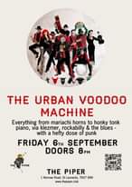 May be an image of ‎5 people and ‎text that says "‎אל THE URBAN VO0D0O MACHINE Everything from mariachi horns to honky tonk piano, via klezmer, rockabilly & the blues- with a hefty dose of punk FRIDAY 6TH SEPTEMBER DOORS 8PM THE PIPER THE PIPER 1 Norman Road, St Leonards, TN37 6NH www.thepiper.club‎"‎‎