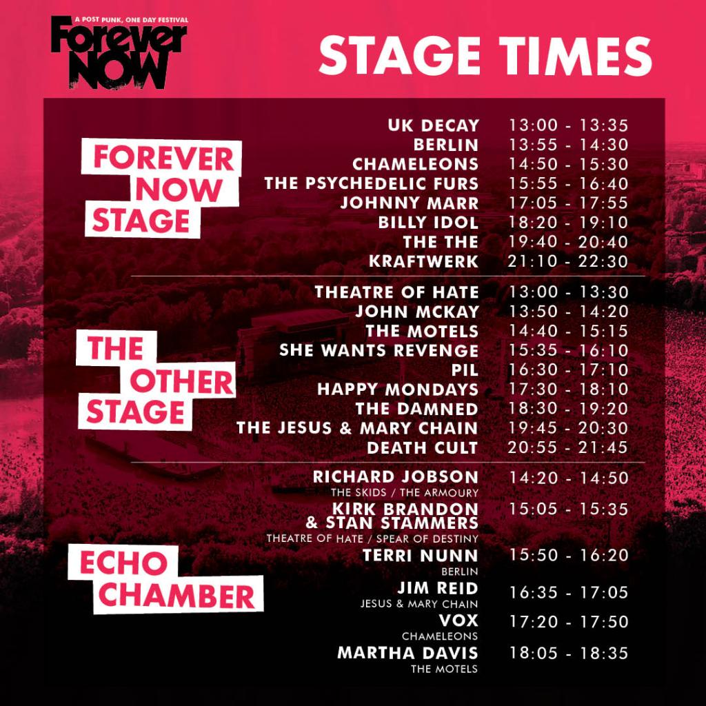 Stage times for the Forever Now Festival, showcasing performance schedules for artists across three stages including Forever Now Stage, The Other Stage, and Echo Chamber.