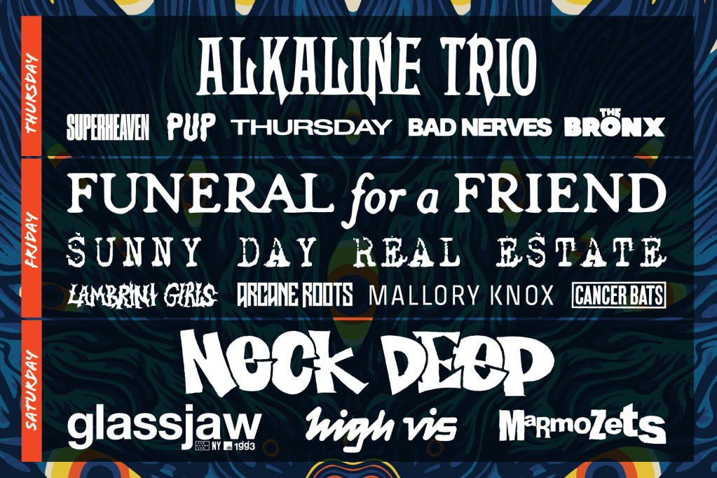 Promotional poster for a music festival featuring band names and performance dates.